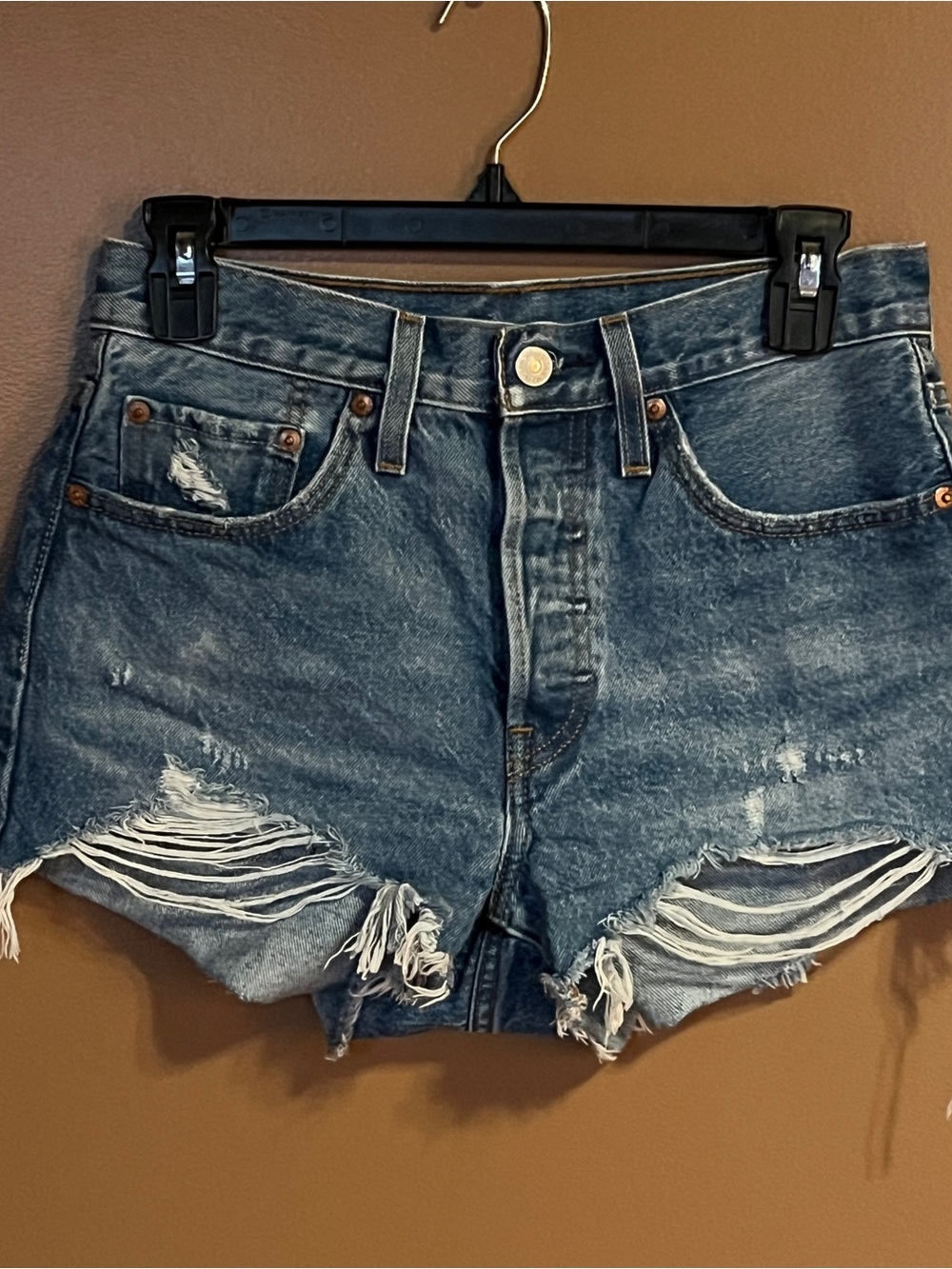 Levi's Blue Distressed High-Rise Jean Shorts - Picture 3 of 5